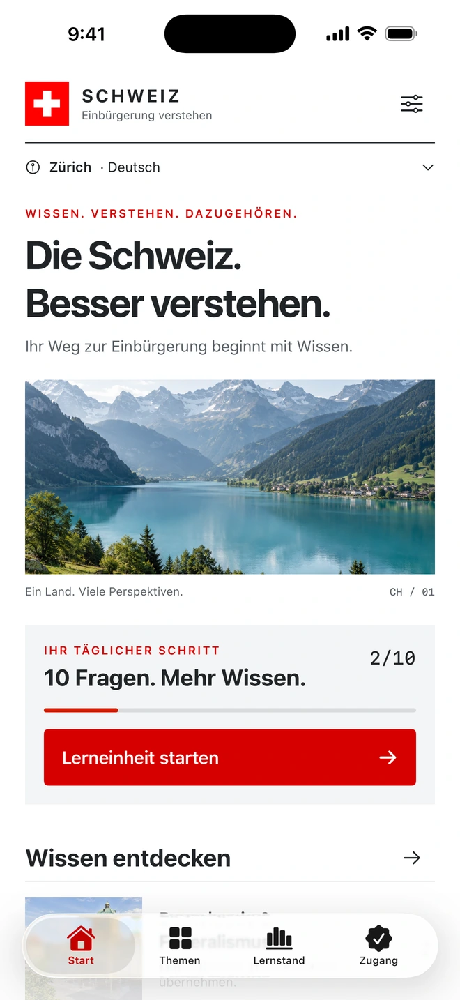 Switzerland app: daily learning on the home screen