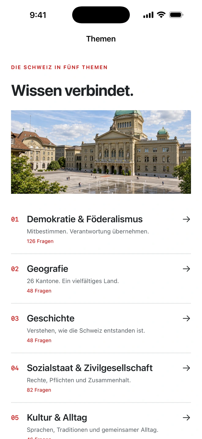 Switzerland app topics screen in German